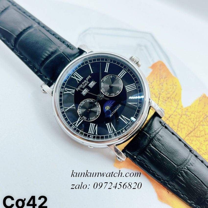 Đồng Hồ Nam Patek Philippe Automatic Lịch Đen Silver 41mm KUNKUN