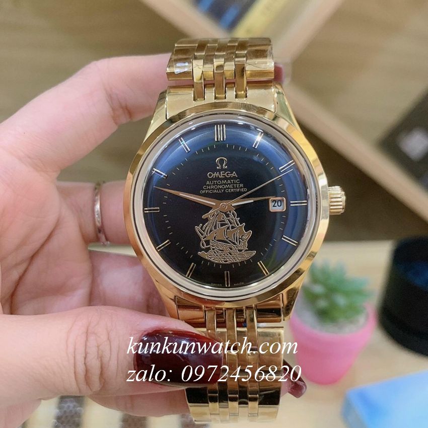 Đồng Hồ Nam Omega Automatic Thuyền Buồm Vàng Mặt Đen 40mm