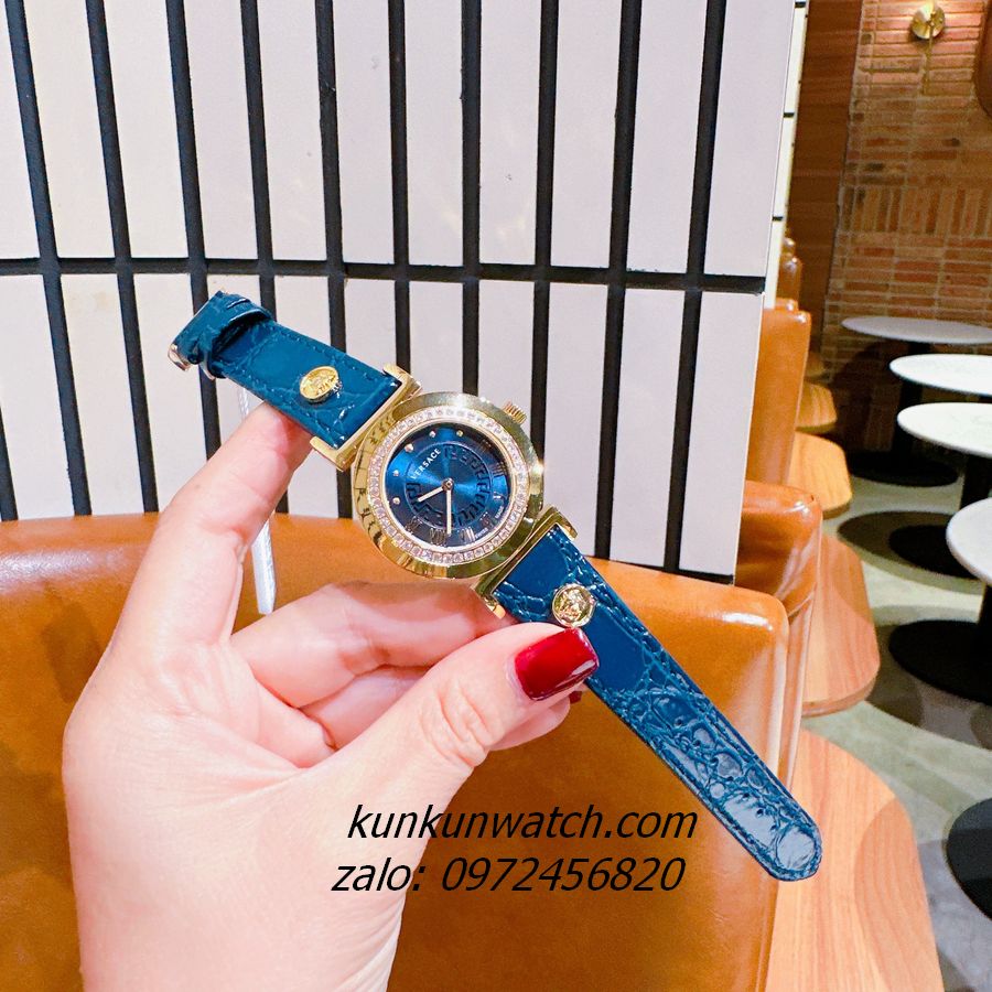 Đồng Hồ Nữ Versace Vanity Gold Đính Đá Dây Da Xanh Dương 35mm