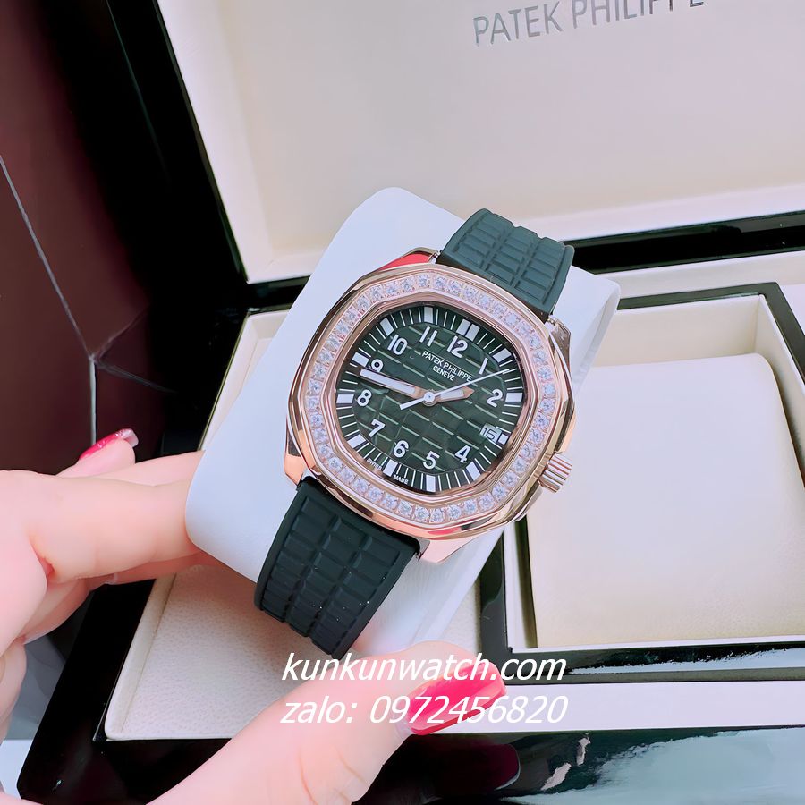 Đồng Hồ Nữ Patek Philippe Nautilus Đính Đá Rose Gold Dây Silicone Đen 36mm