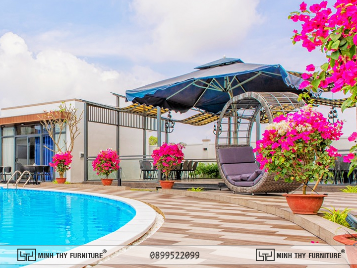 Giường hồ bơi mái vòm MT 4A70 5 Bàn Ghế Hồ Bơi Nhựa Giả Mây Có Mái Vòm MT4A70