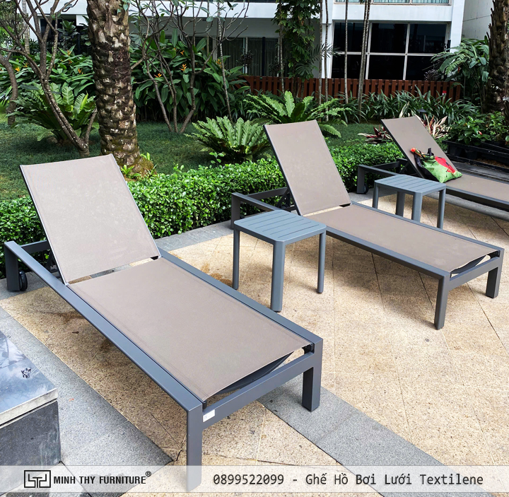 ghế hồ bơi ngoài trời khung nhôm lưới textilene màu xám ghi cao cấp