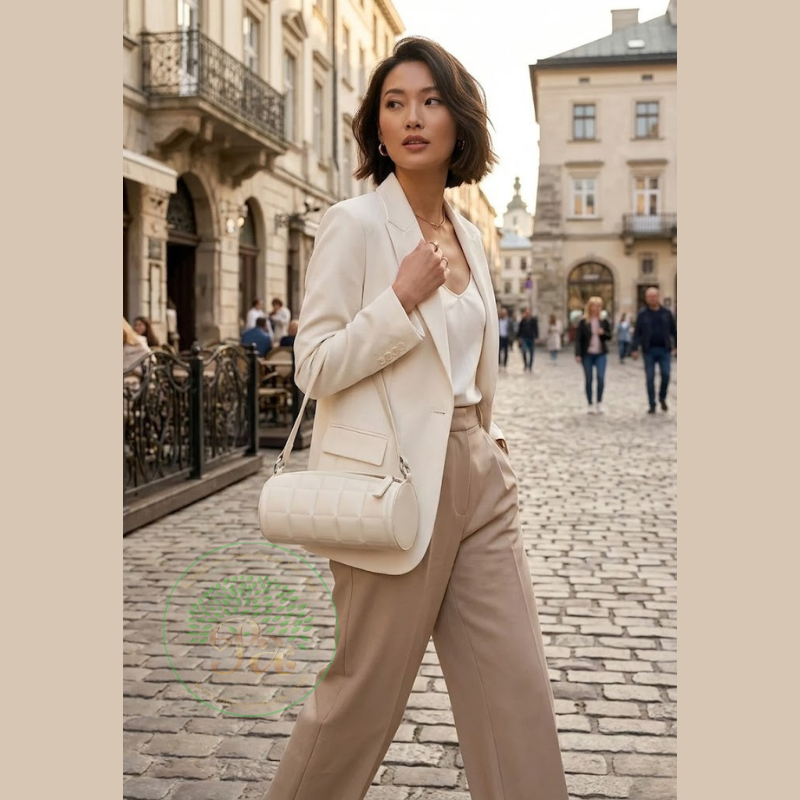 Túi dây kéo xéo màu trắng kem