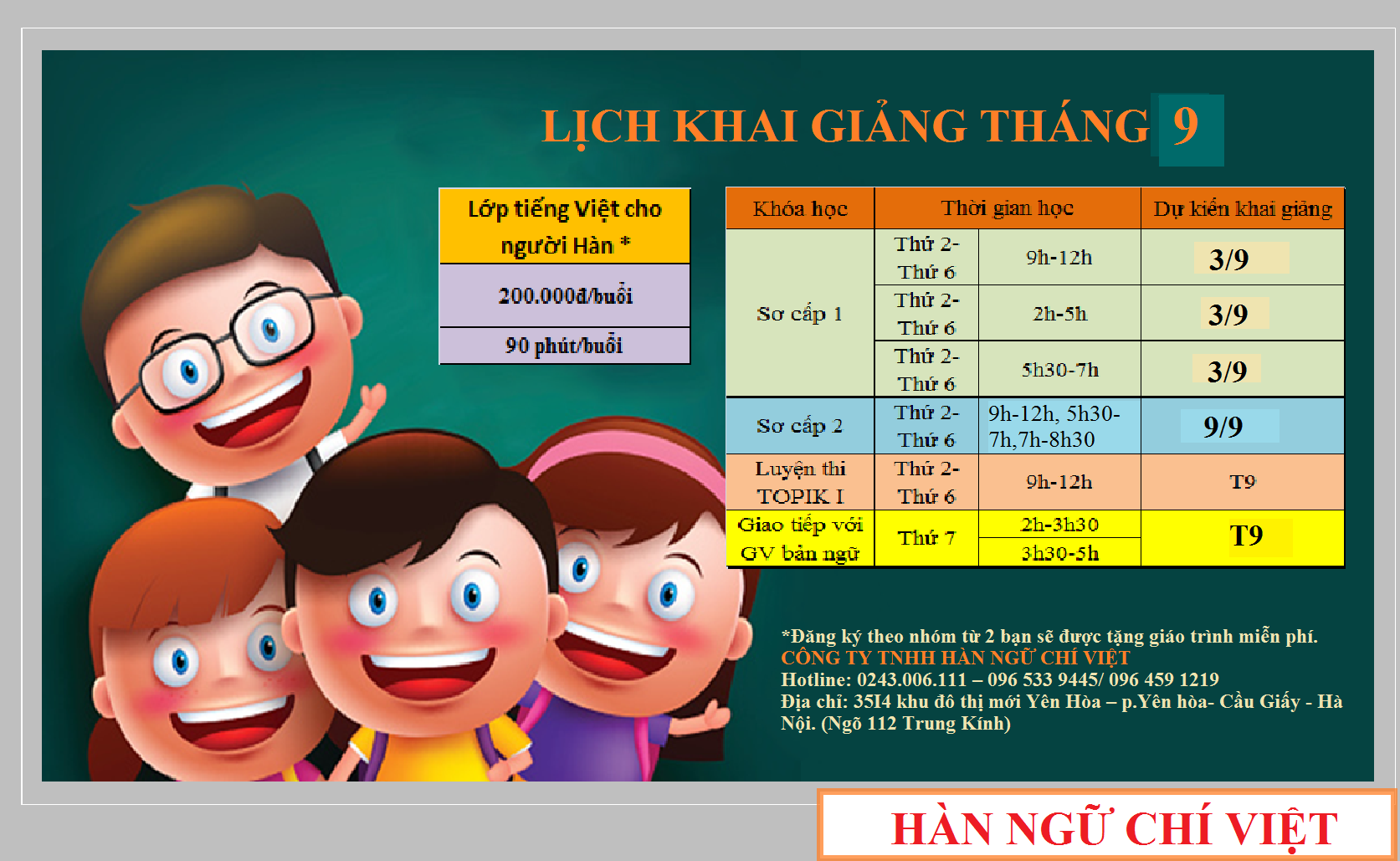 KHAI GIẢNG CÁC LỚP TIẾNG HÀN THÁNG 9