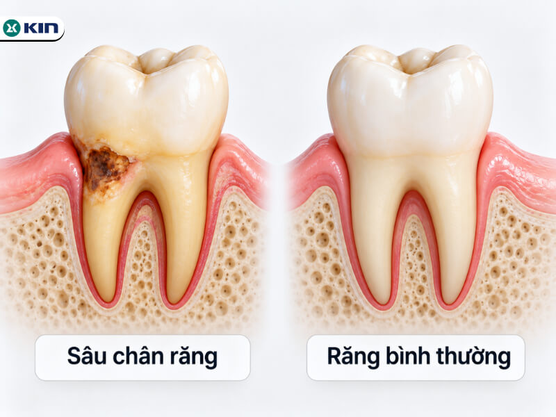 So sánh răng bình thường với sâu chân răng