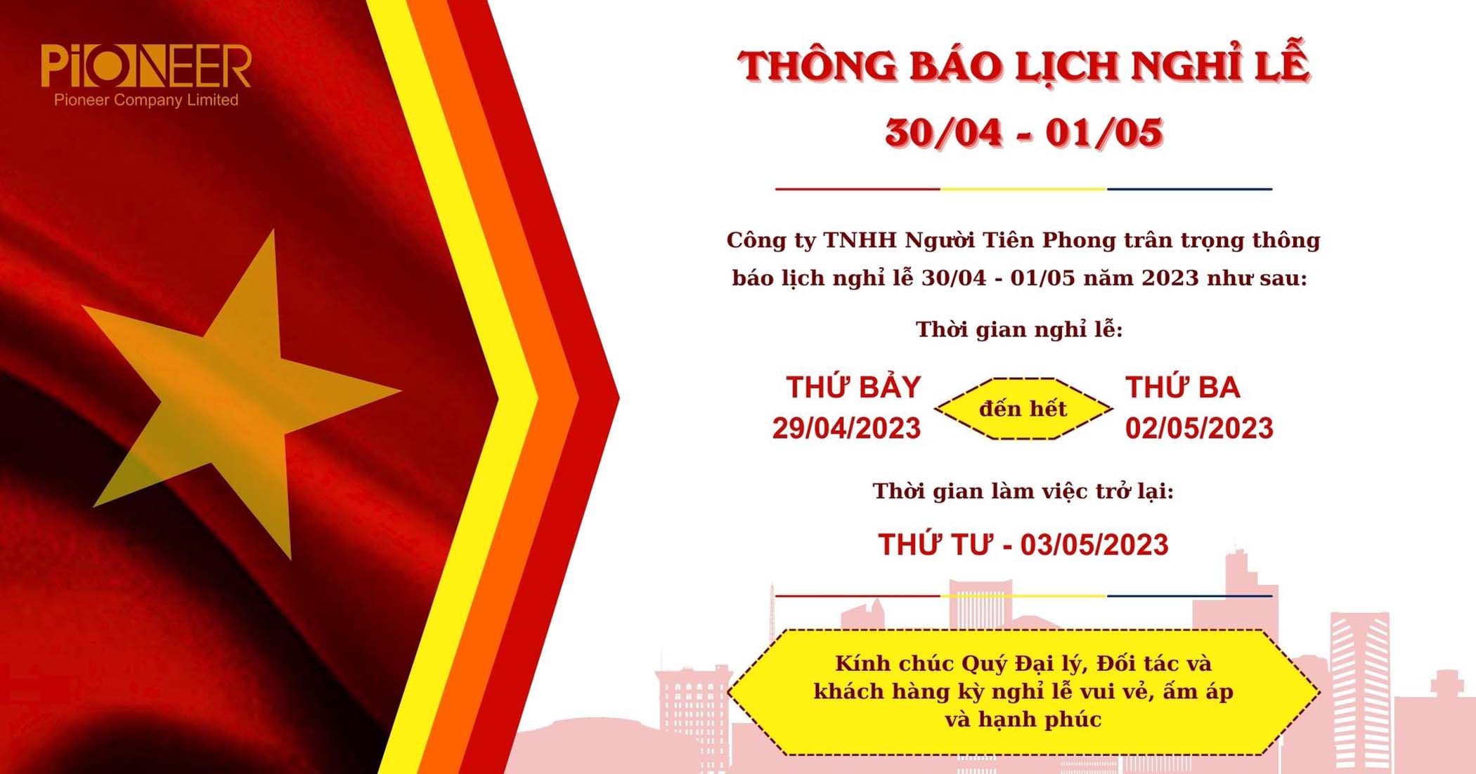 THÔNG BÁO LỊCH NGHỈ LỄ 30/04 - 01/05 NĂM 2023