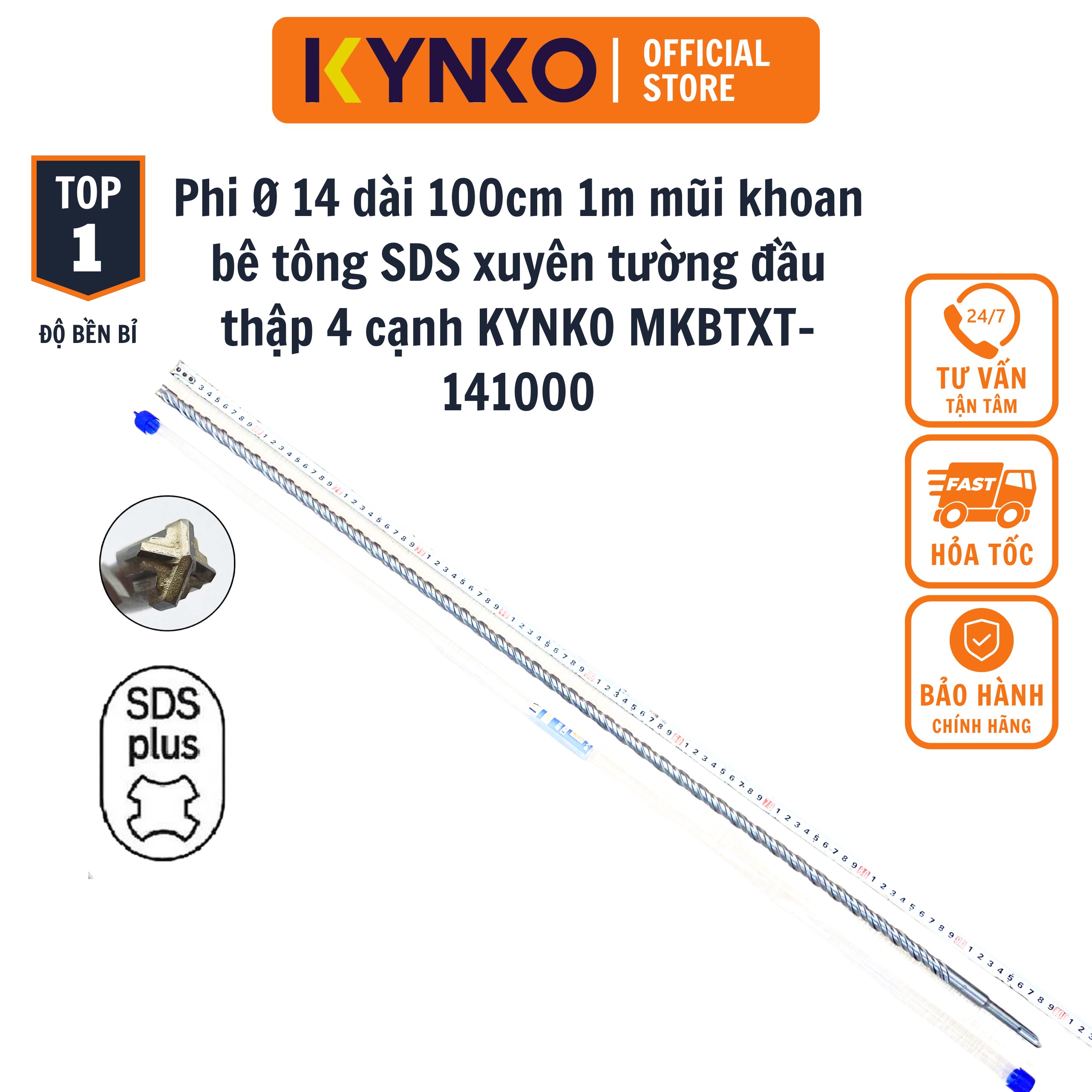 PHI Ø 14 DÀI 100CM 1M MŨI KHOAN BÊ TÔNG SDS XUYÊN TƯỜNG ĐẦU THẬP KYNKO MKBTXT-141000