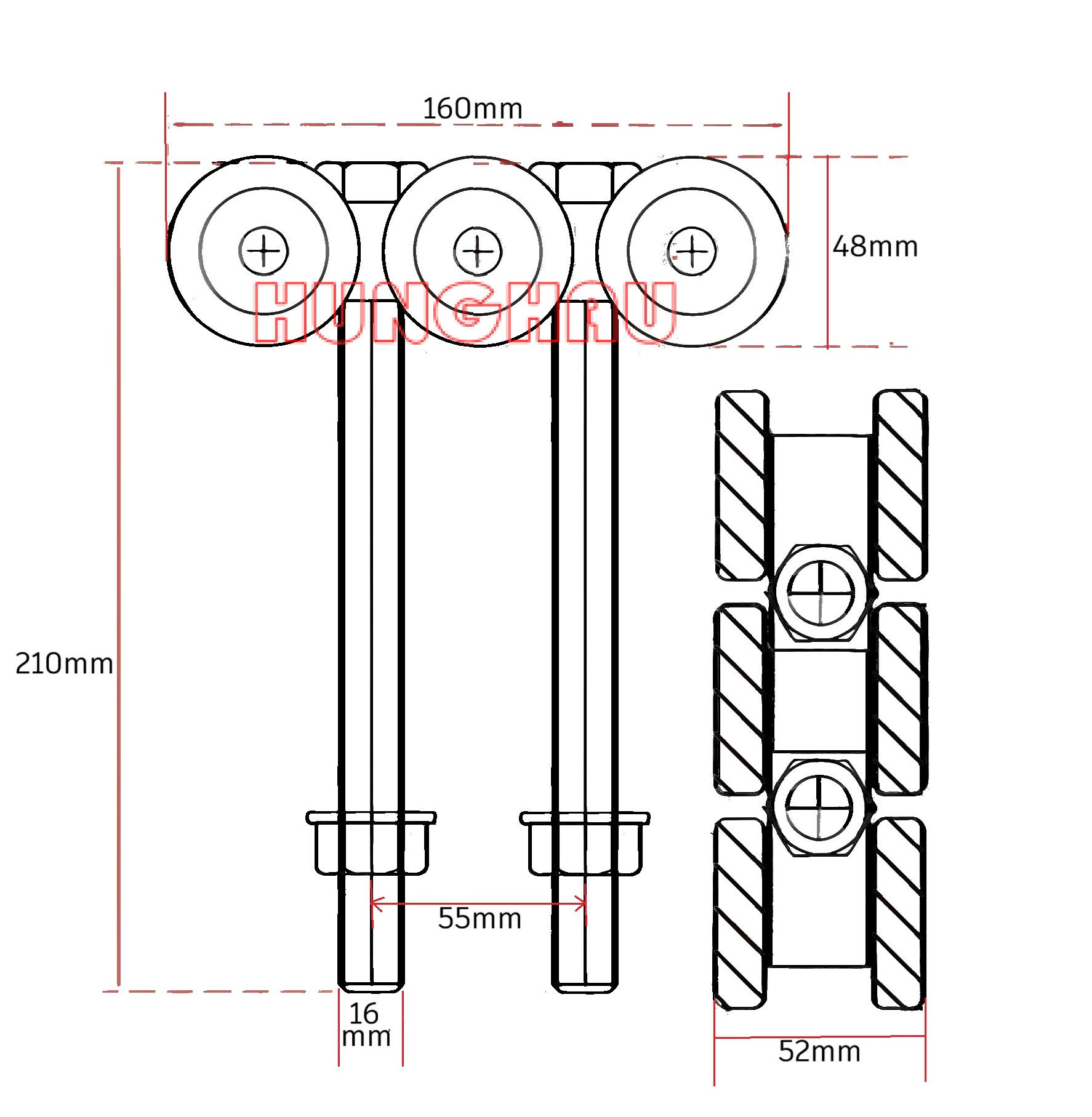 bánh xe treo 6 lăn, tải trọng 350kg  - dùng cho máng 3.5mm