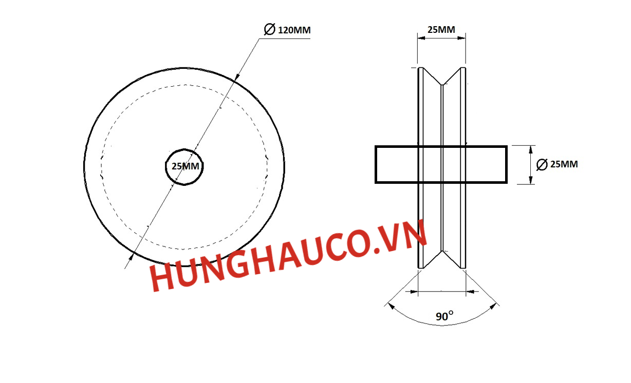 bánh xe ray V 120mm, không bạc đạn - lổ trục 25mm