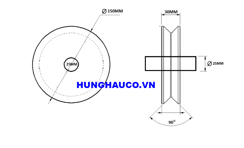 bánh xe ray V 150mm, không bạc đạn - lổ trục 25mm