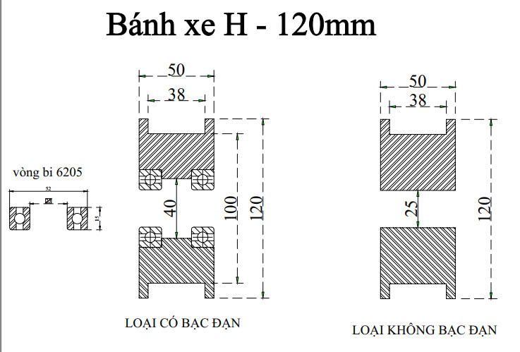 bánh xe H 120mm,  có bạc đạn  - lổ trục 25mm