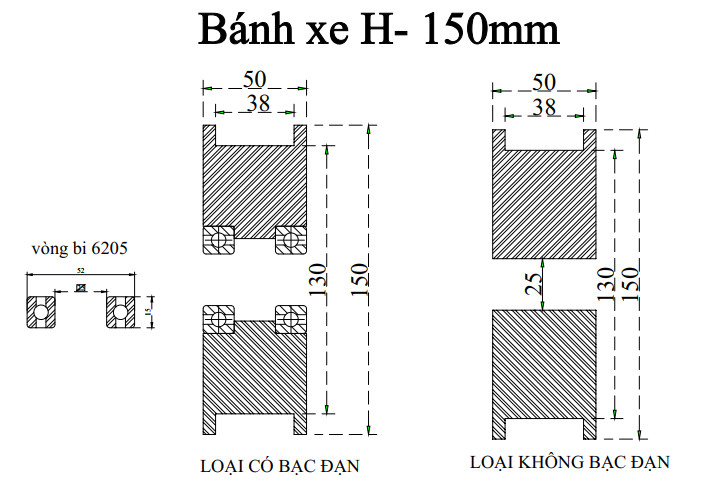 bánh xe H 150mm,  có bạc đạn  - lổ trục 25mm