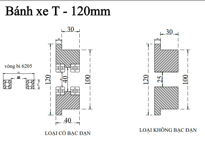 bánh xe cửa cổng lùa T 120mm, không bạc đạn - lổ trục 25mm