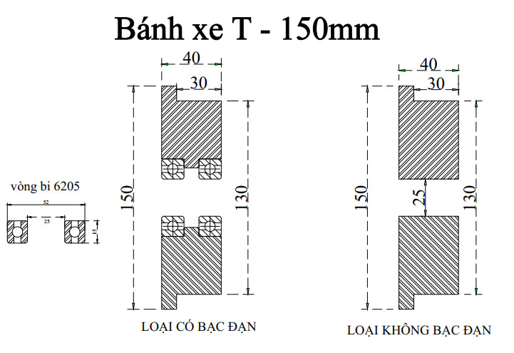 bánh xe T 150mm, có bạc đạn - lổ trục 25mm