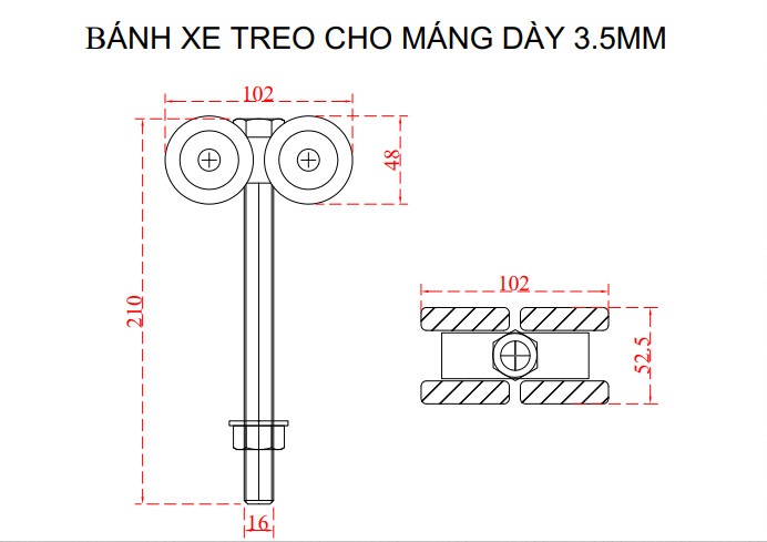 bánh xe treo cho máng dày 3.5mm (máng treo 8BN)