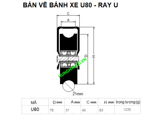 Bánh xe cửa cổng lùa 80mm -  chạy ray tròn 21mm