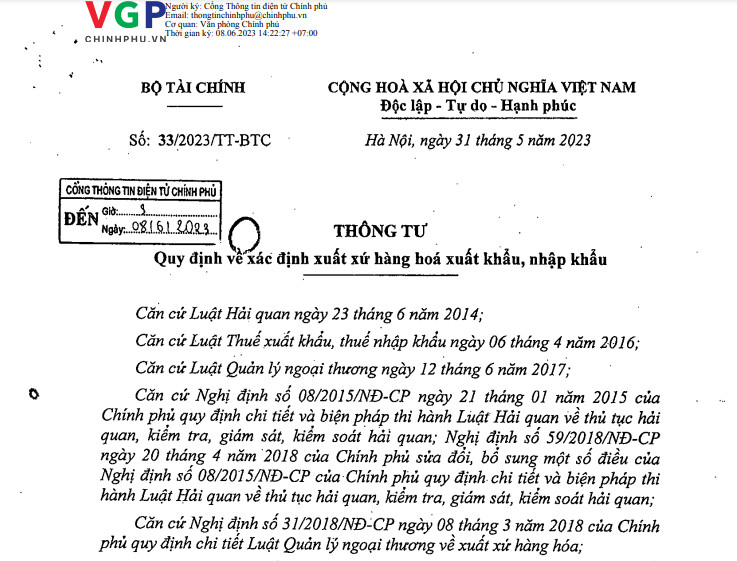 SOME NEW POINTS IN NEW CIRCULAR 33/2023/TT-BTC ABOUT ORIGIN CARGO (REPLACE: 38/2018/TT-BTC)