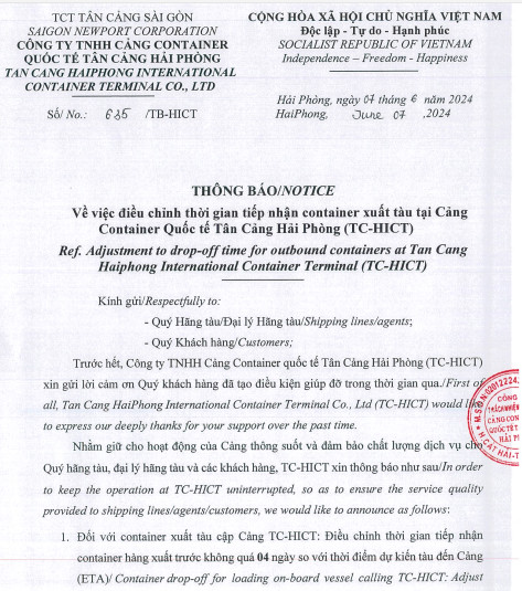 HICT, ADJUST THE RECEIVING TIME OF CONTAINER FOR EXPORT