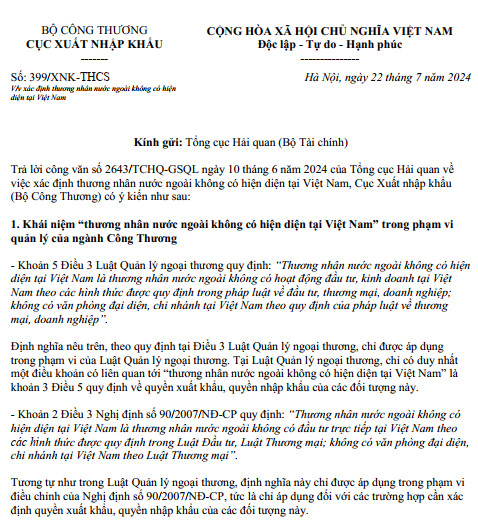 The Ministry of Industry and Trade’s response on determining foreign trader without presence in Vietnam