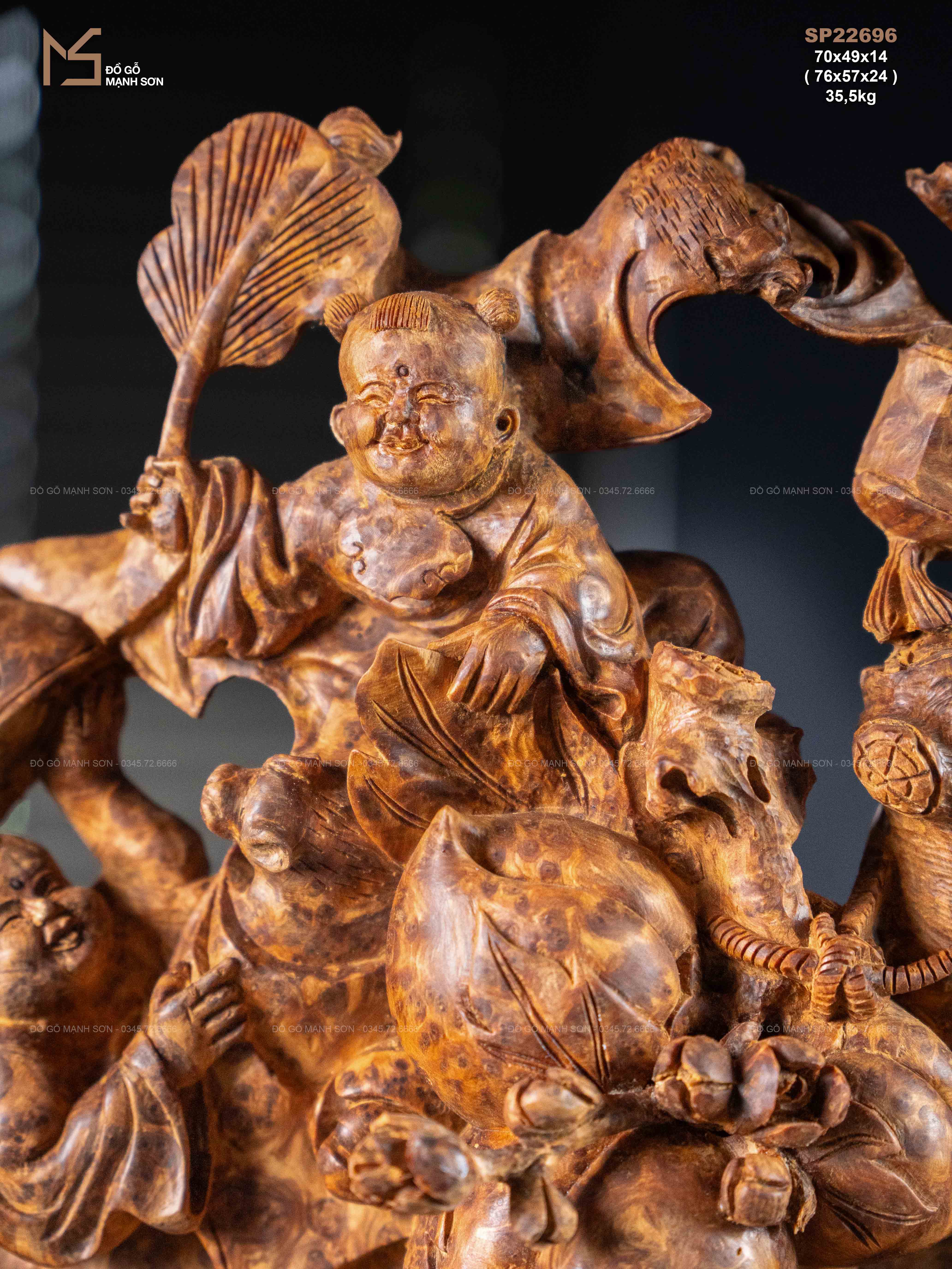 TƯỢNG DI LẶC NGŨ PHÚC - GỖ NU NGỌC AM