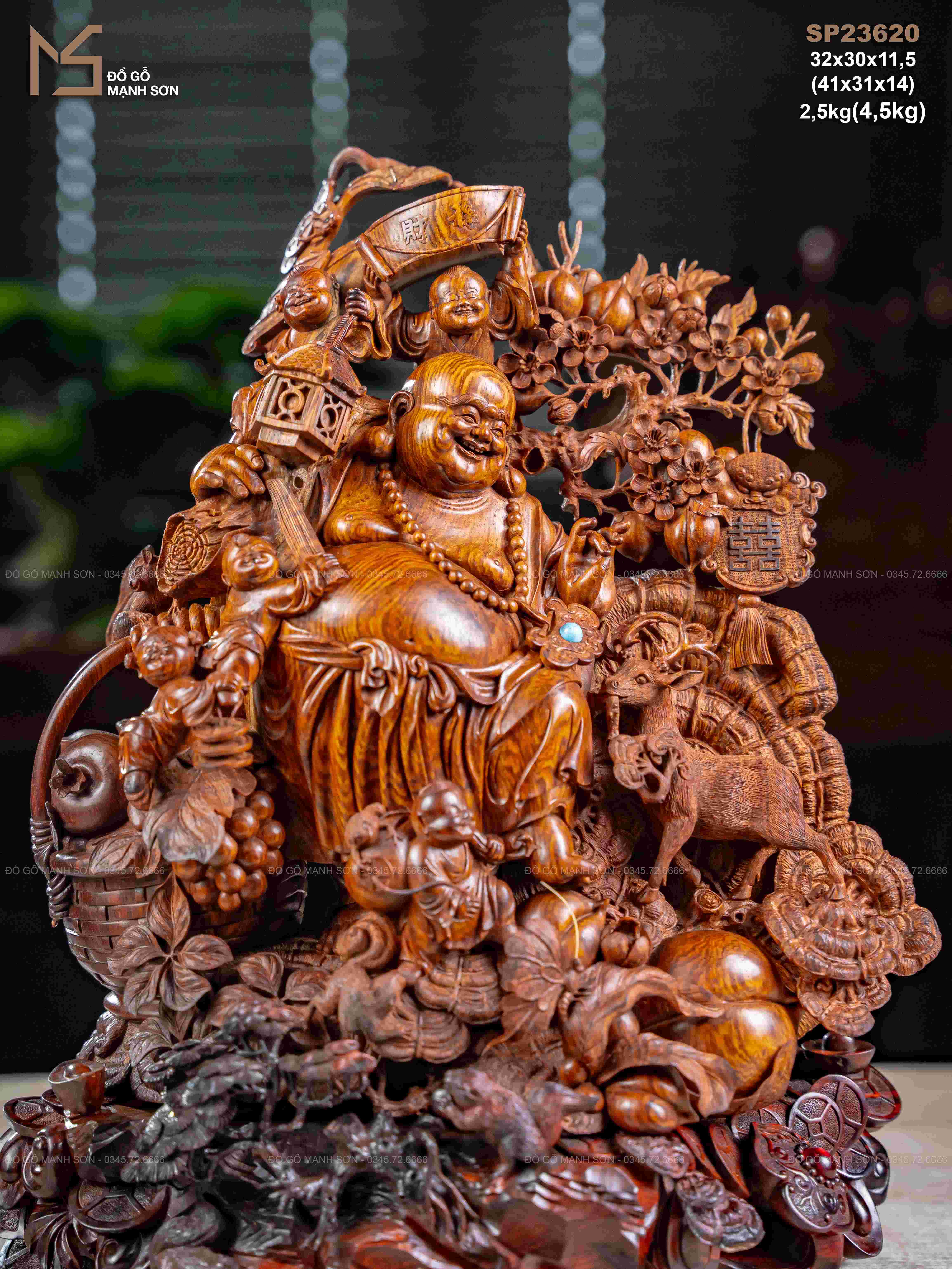 TƯỢNG DI LẶC VÁC CÀNH ĐÀO GỖ SƯA