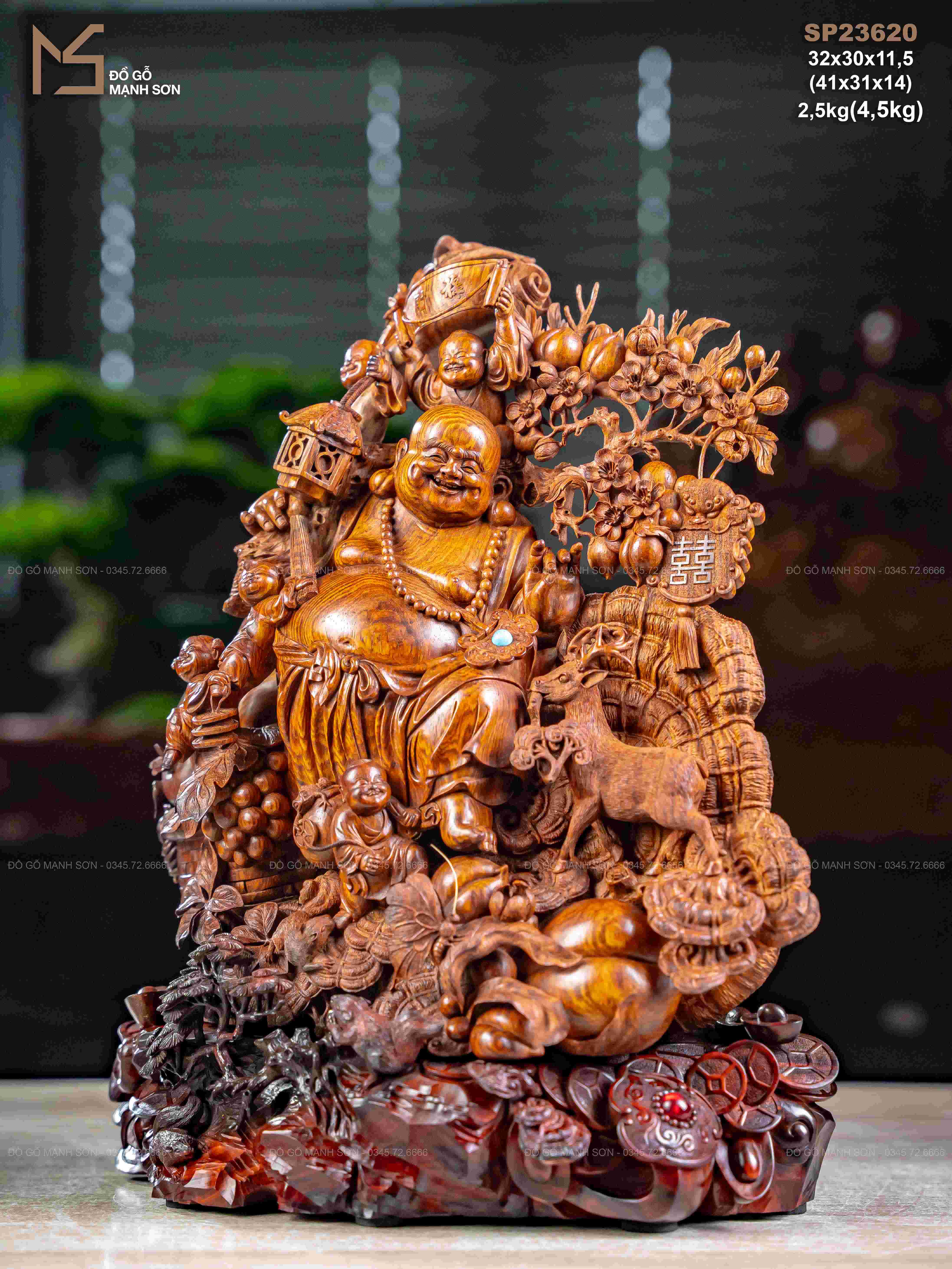 TƯỢNG DI LẶC VÁC CÀNH ĐÀO GỖ SƯA