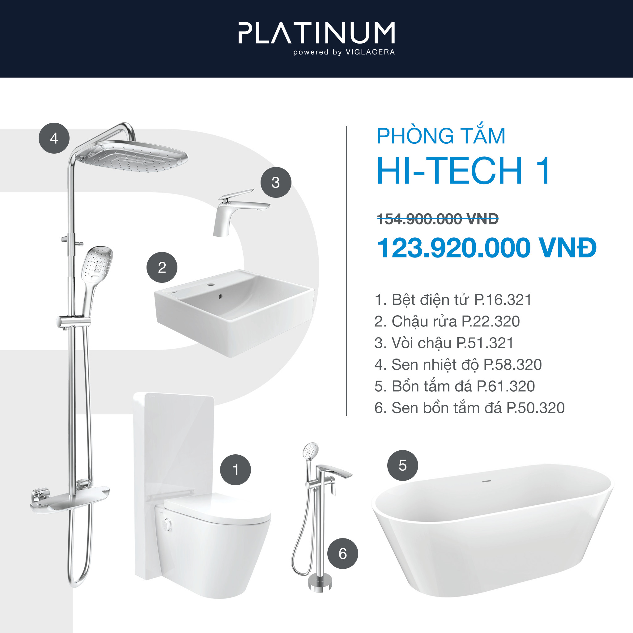 Combo Viglacera Platinum Hi-tech 1 là sự kết hợp tuyệt vời giữa công nghệ và thiết kế cao cấp, mang đến cho phòng tắm của bạn không gian sang trọng và hiện đại. Với tính năng tiên tiến như vòi sen nóng lạnh, bộ xả thông minh và gương soi công nghệ cao, combo này sẽ đem đến cho bạn trải nghiệm tuyệt vời sau mỗi lần sử dụng.