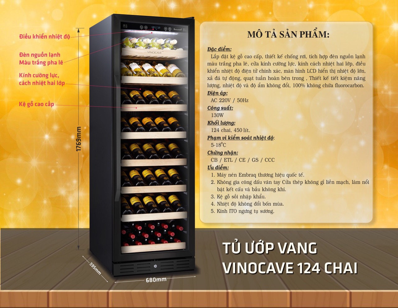 Tủ ướp rượu vang VINOCAVE lốc 124 chai màu đen giá gỗ