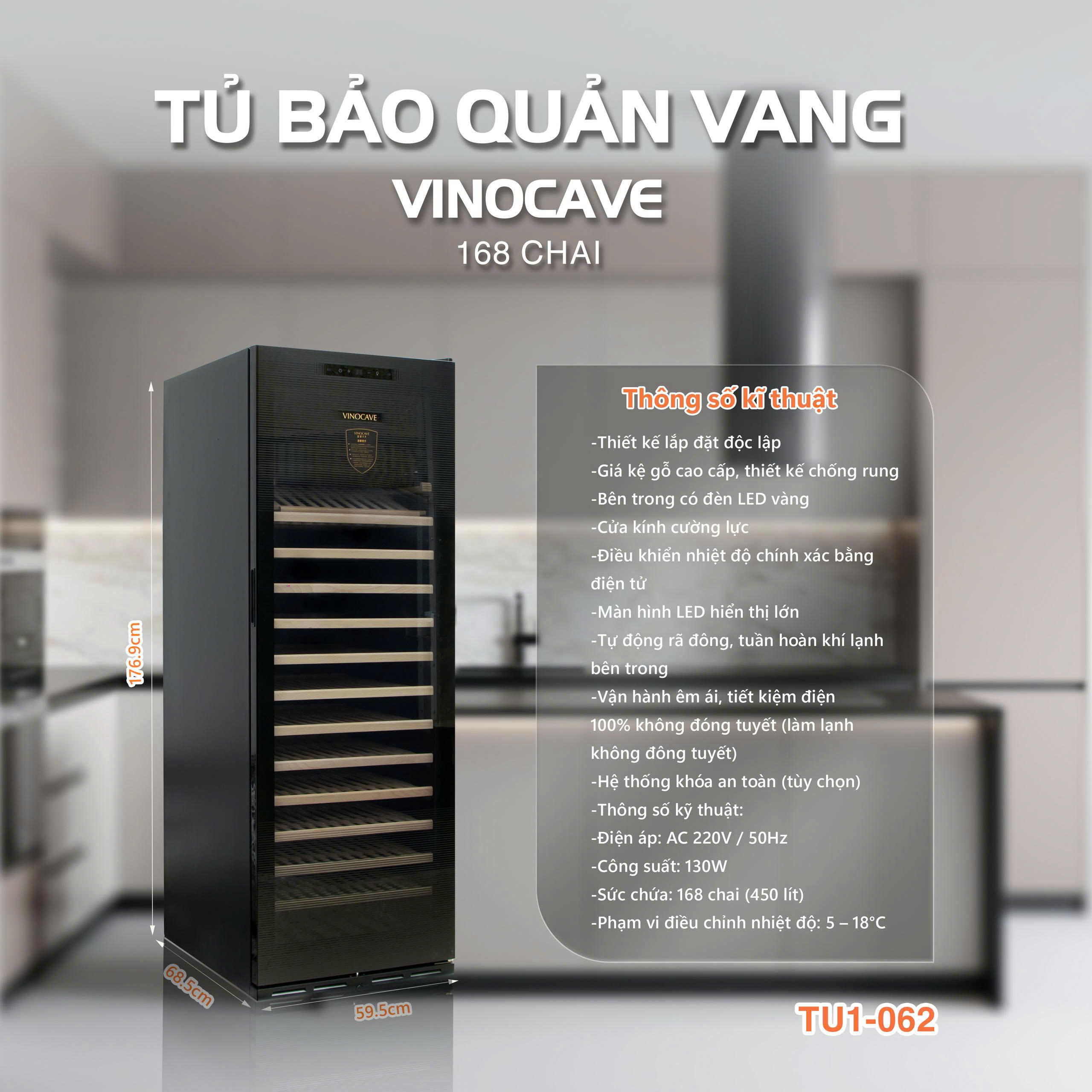 Tủ ướp rượu vang VINOCAVE lốc 168 chai giá gỗ viền đen