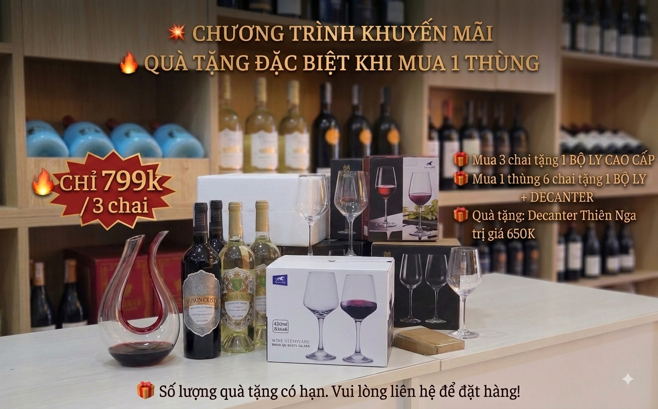 Mua 3 chai tặng 1 bộ ly chỉ 799k