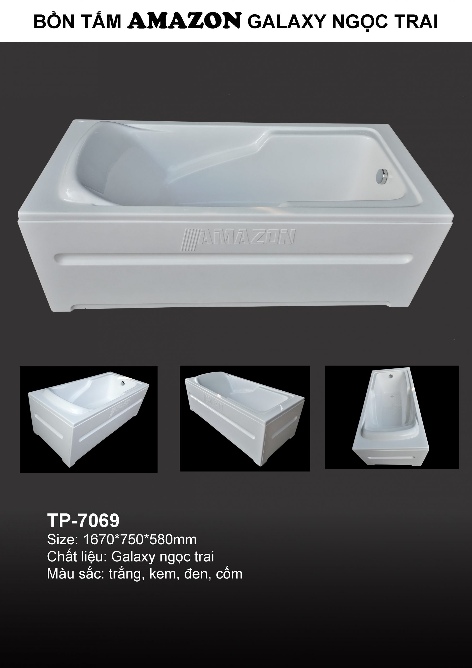 TP7069 - BỒN TẮM NGÂM HÌNH CHỮ NHẬT 3 MẶT YẾM CÓ CHỮ