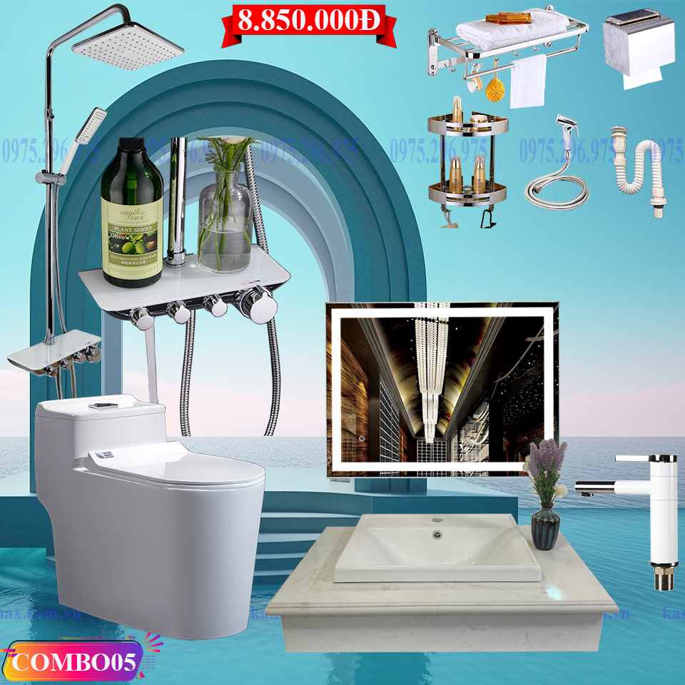 CB05 - Combo trọn bộ phòng tắm, bồn cầu liền khối bàn đá chậu bán âm, gương led