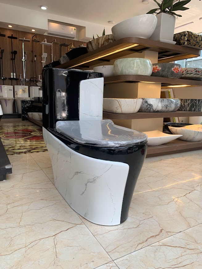 KA603 - Bồn cầu liền khối sứ nung tráng men đen trắng cao cấp