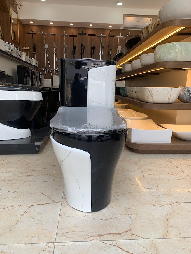 KA603 - Bồn cầu liền khối sứ nung tráng men đen trắng cao cấp