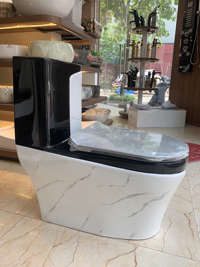 KA603 - Bồn cầu liền khối sứ nung tráng men đen trắng cao cấp