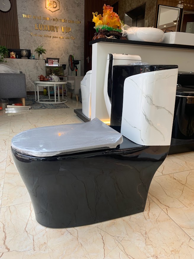 KA603 - Bồn cầu liền khối sứ nung tráng men đen trắng cao cấp