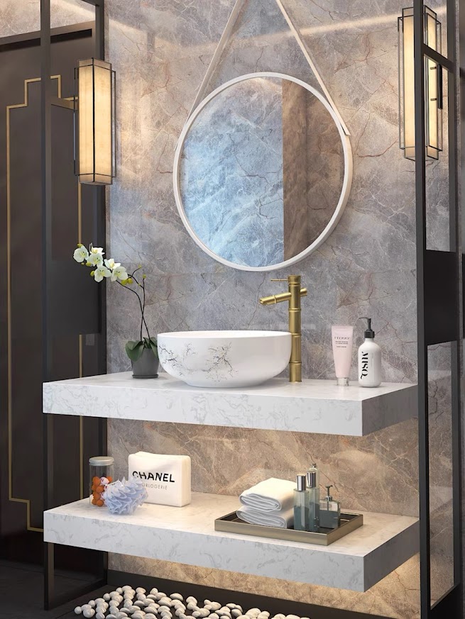 BD1014 - Bàn đá nhân tạo 2 tầng đen vân mây, kết hợp chậu sứ nổi, vòi nóng lạnh cao, gương tròn dây da.