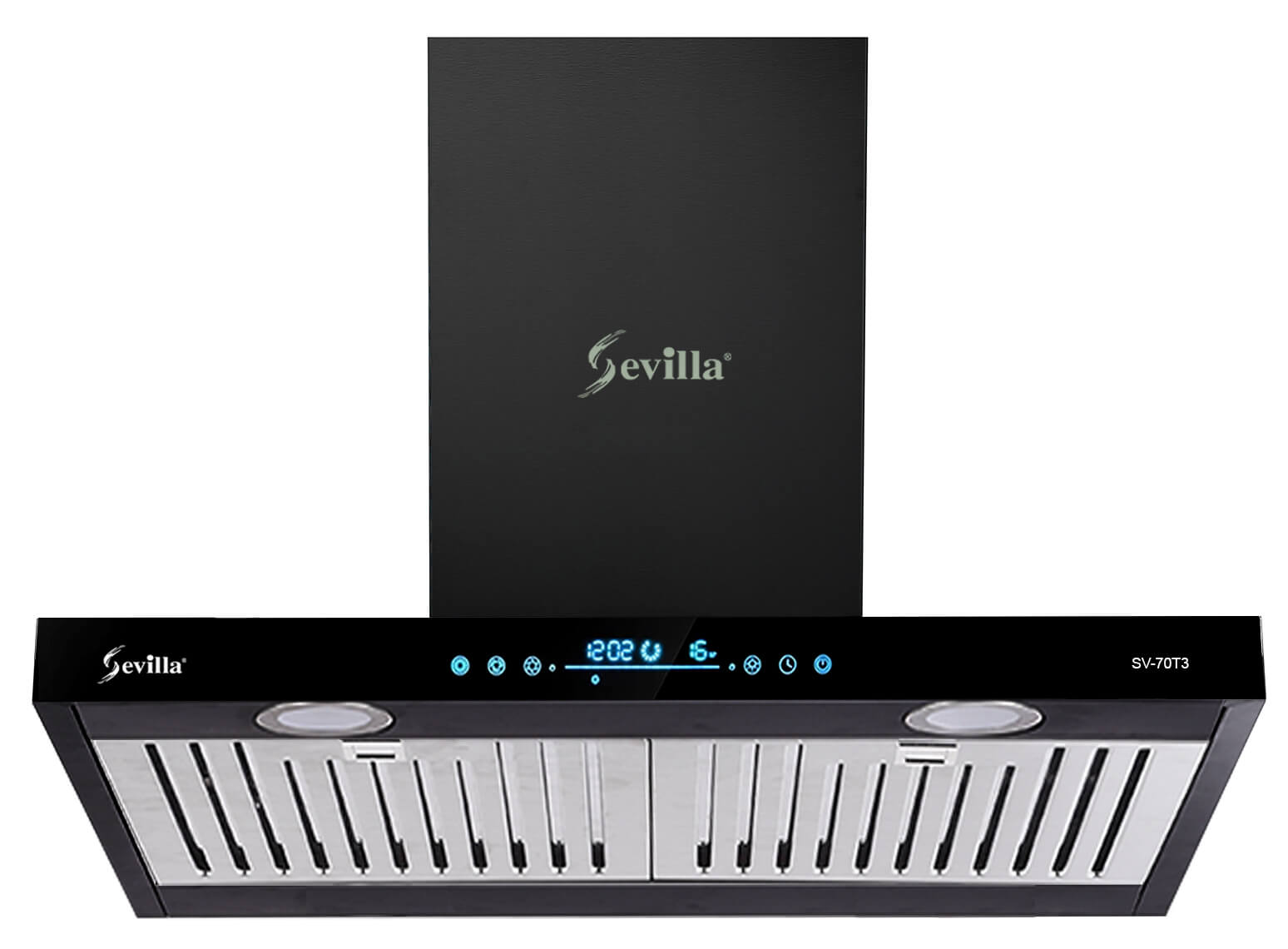 Máy hút khử mùi cảm ứng vẫy tay dày 6cm Sevilla SV-70T3. Kích thước 700 x 360 x  (700-1040)mm (DxRxC)