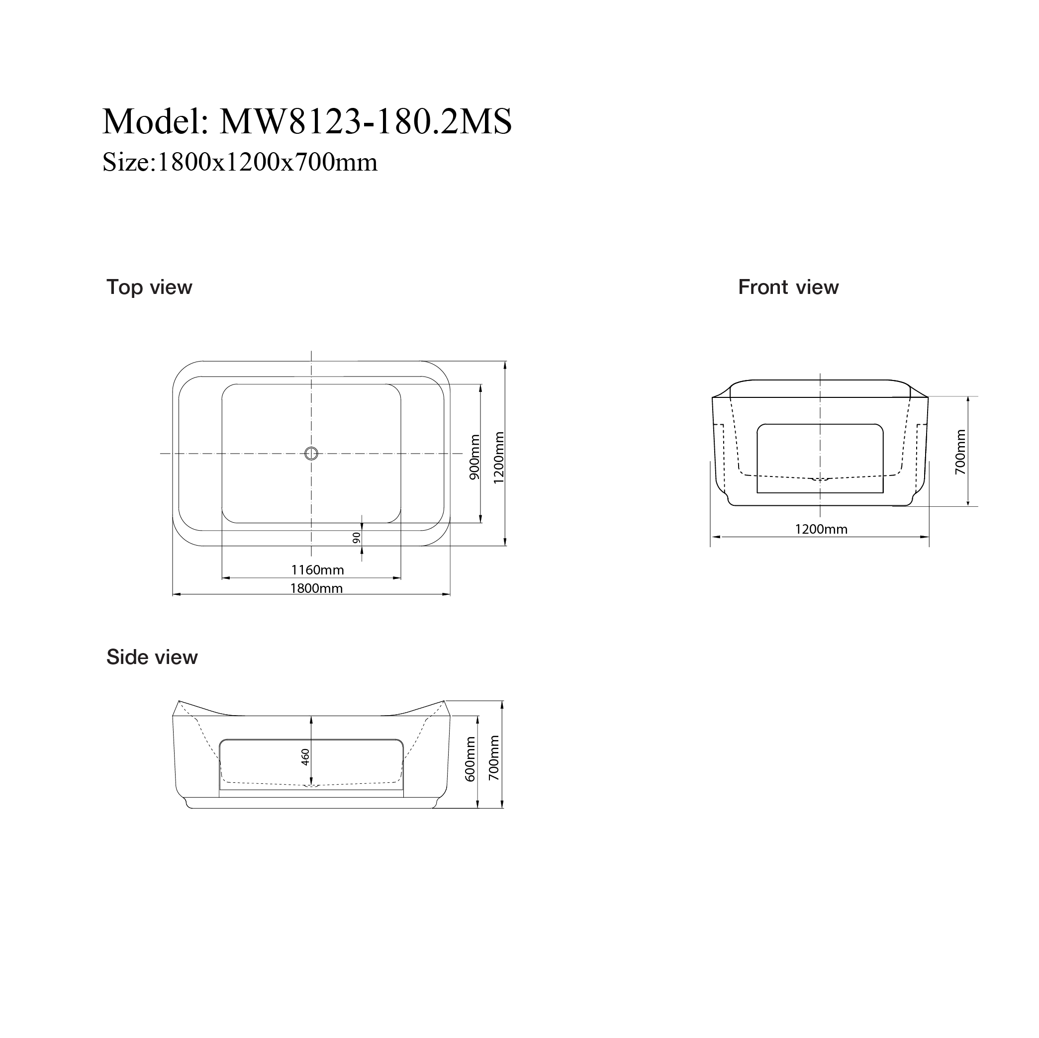 MW8123-180.2MS - Bồn tắm massager cao cấp, chất liệu Acrylic. Kích thước: 1800 x 1200 x 700(mm)