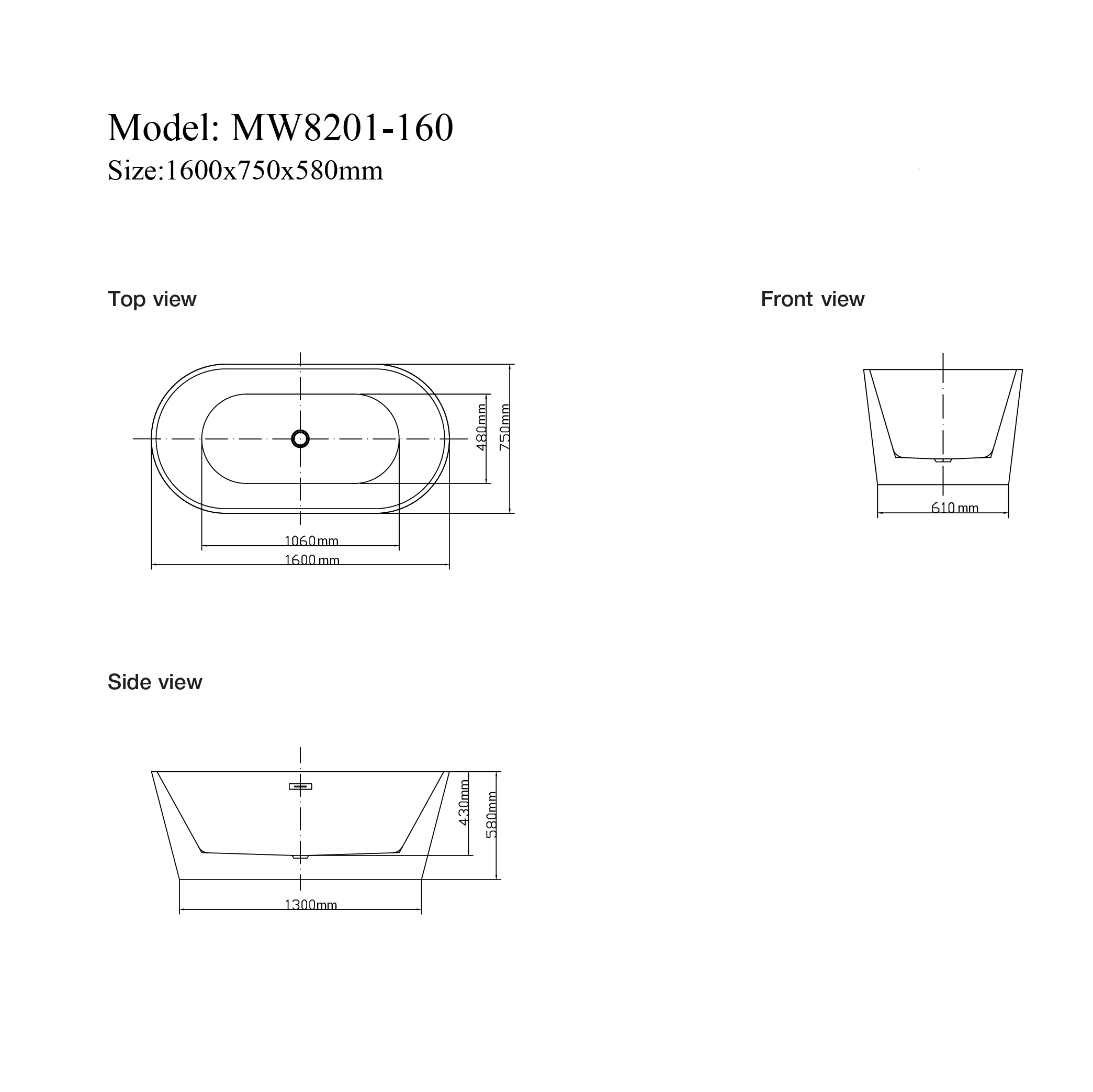 MW8201-160 - Bồn tắm ngâm cao cấp, chất liệu Acrylic. Kích thước: 1600 x 750 x 580 (mm)