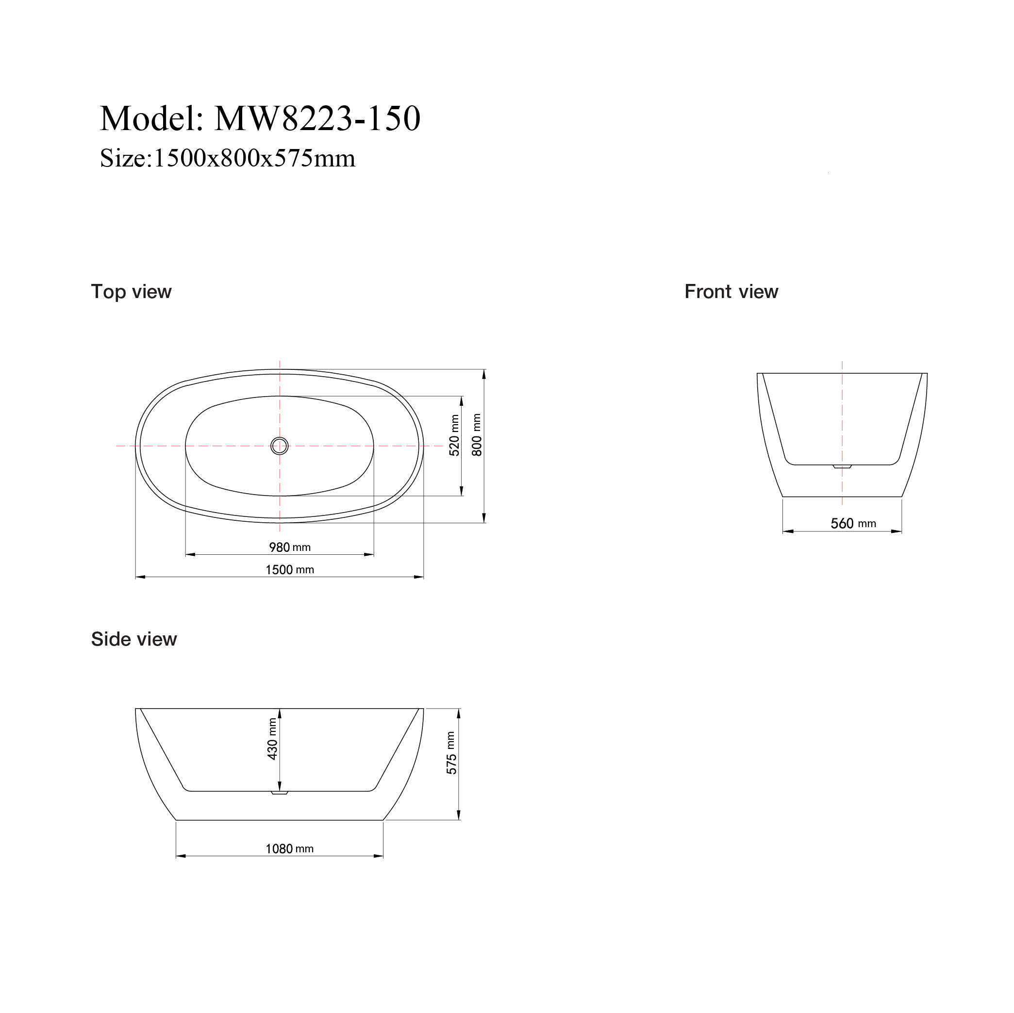 MW8223-150 - Bồn tắm ngâm cao cấp, chất liệu Acrylic. Kích thước: 1500 x 800 x 575 (mm)
