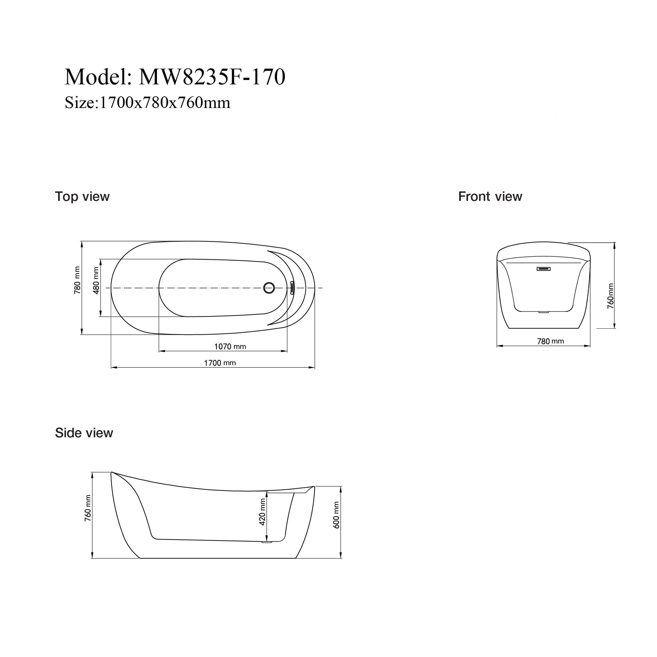 MW8235F-170 - Bồn tắm ngâm cao cấp, chất liệu Acrylic. Kích thước:  1700 x 780 x 760 (mm)