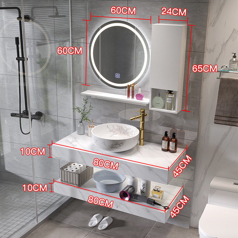 BDNK.203 - Bàn đá đôi nhân tạo bề mặt nhám chống xước kết hợp chậu sứ nổi, vòi nóng lạnh cao, gương led tròn, tủ nhựa cạnh.