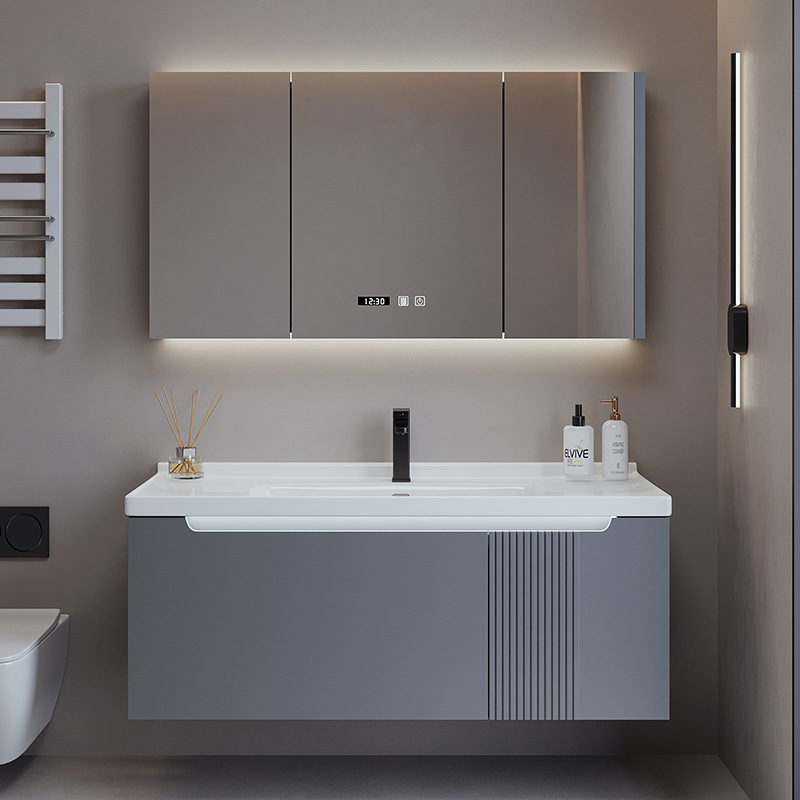 TC195 - Tủ chậu nhựa mặt chậu đá Thạch Anh liền khối màu ghi xám cao cấp