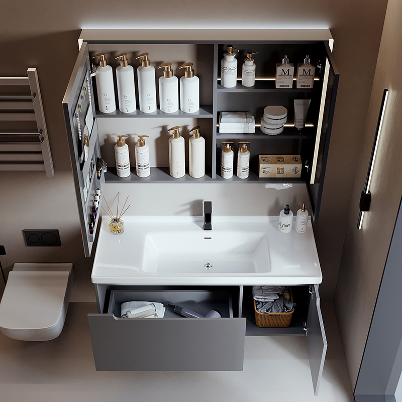 TC195 - Tủ chậu nhựa mặt chậu đá Thạch Anh liền khối màu ghi xám cao cấp