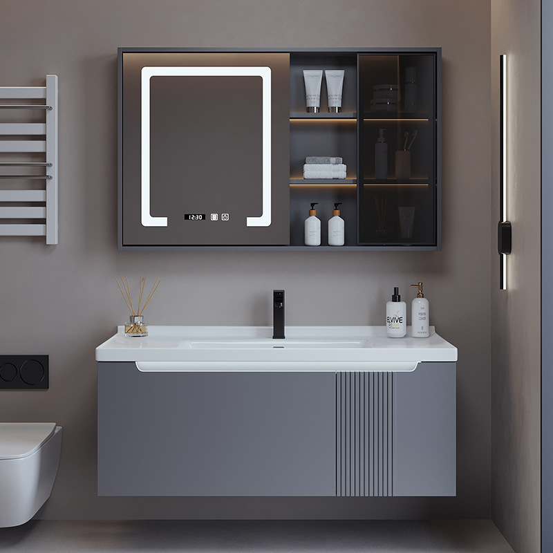 TC195 - Tủ chậu nhựa mặt chậu đá Thạch Anh liền khối màu ghi xám cao cấp