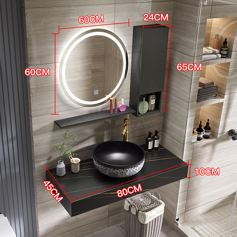 BÀN ĐÁ ĐƠN NHÂN TẠO CHỐNG XƯỚC 1 TẦNG KẾT HỢP CHẬU NỔI VÀ GƯƠNG LED TRÒN TỦ CẠNH BD46