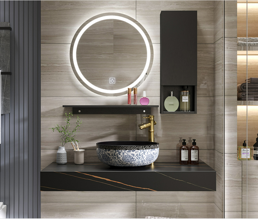 BÀN ĐÁ ĐƠN NHÂN TẠO CHỐNG XƯỚC 1 TẦNG KẾT HỢP CHẬU NỔI VÀ GƯƠNG LED TRÒN TỦ CẠNH BD46