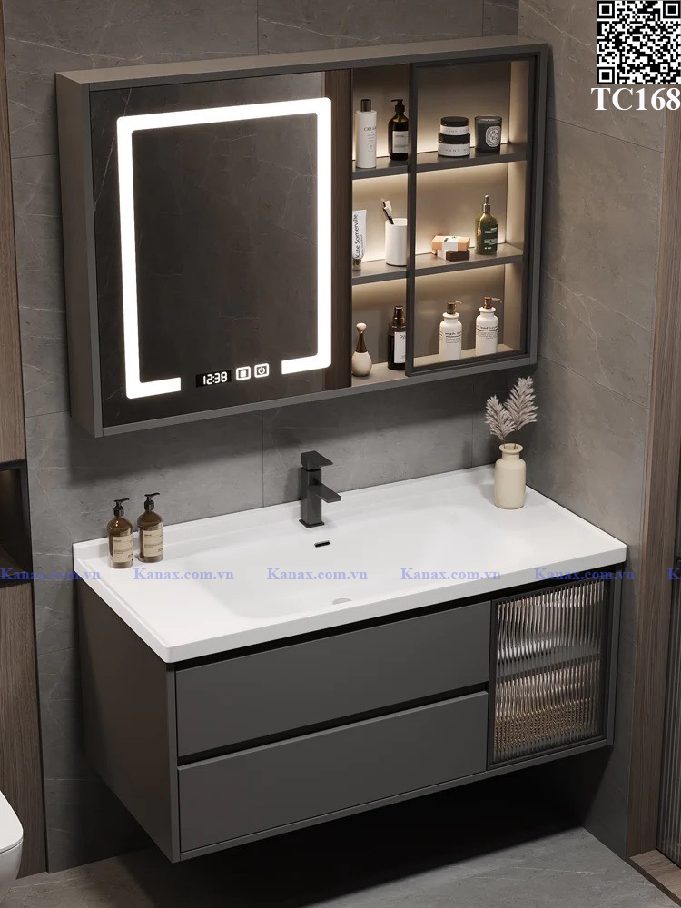 TC168 - Tủ chậu nhựa Plywood + Tủ gương led ,sấy, đồng hồ + Vòi nóng lạnh cao cấp - Hàng nhập khẩu nguyên bộ
