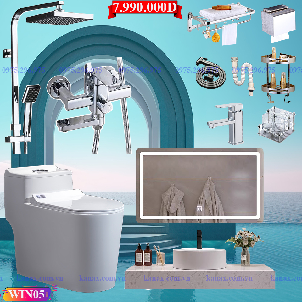 WIN05 - Combo trọn bộ phòng tắm, bồn cầu liền khối, bàn đá 1 tầng chậu nổi, sen cây đồng vuông...